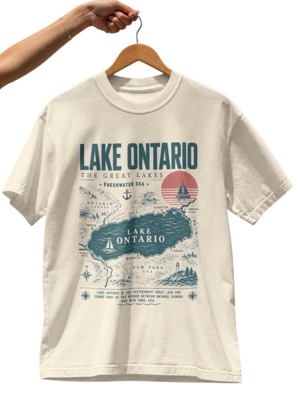 Lake Ontario Graphic Tee - Cream with Teal & Coral Print